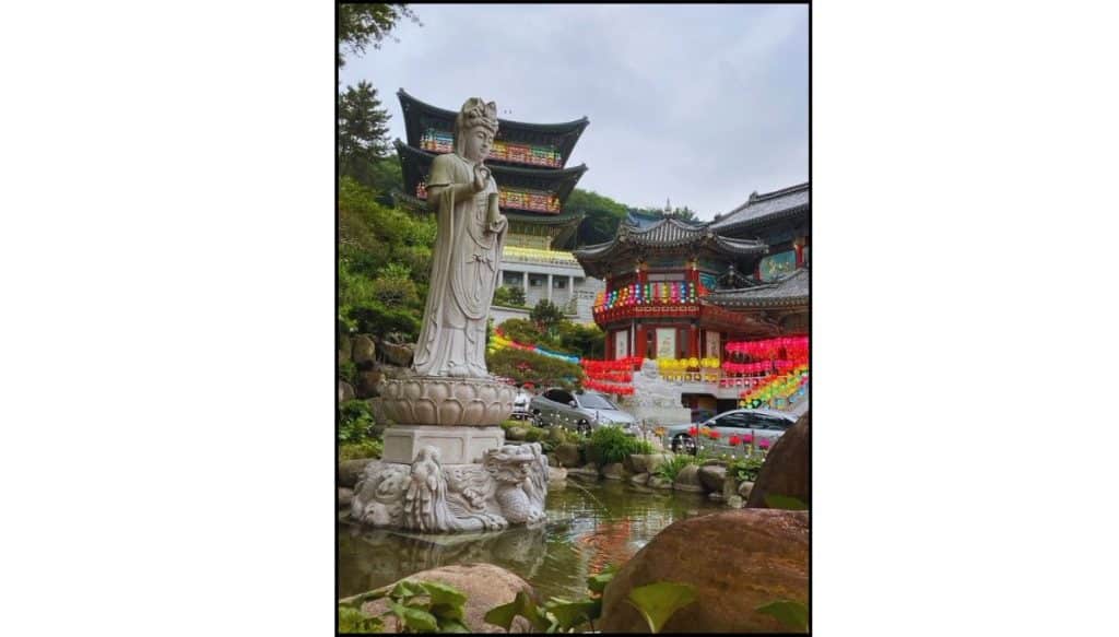 Stone statue overlooking a pond at Samgwangsa Temple, with lantern-decorated temple buildings in the background during the Buddha’s Birthday festival.