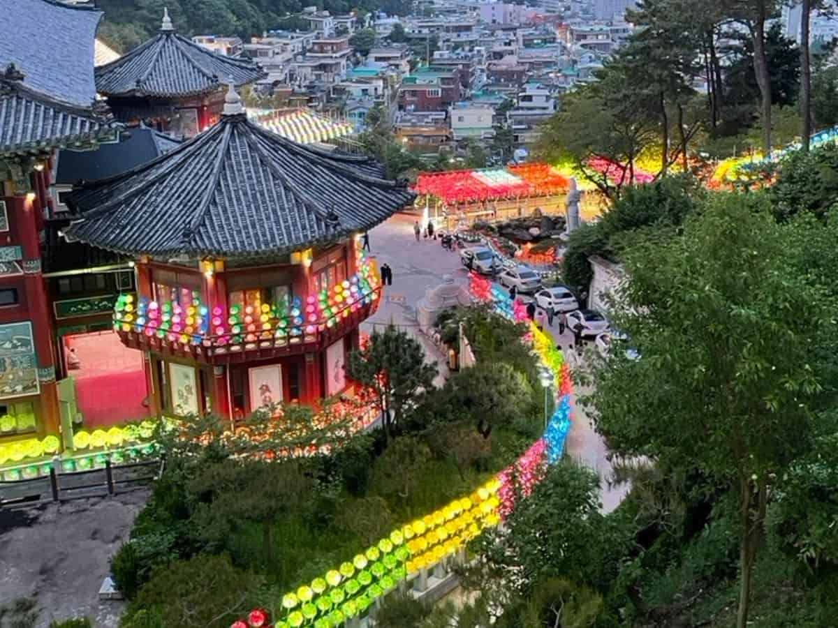 Samgwangsa Temple at dusk with colorful lotus lanterns lining a winding hillside path and temple buildings.