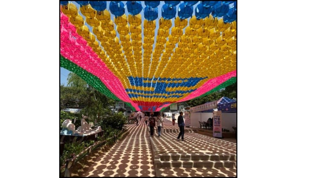 Colorful canopy of blue, yellow, pink, and green lotus lanterns stretches over a walkway at Jogyesa Temple during the day, casting patterned shadows on the ground as visitors walk beneath the display.