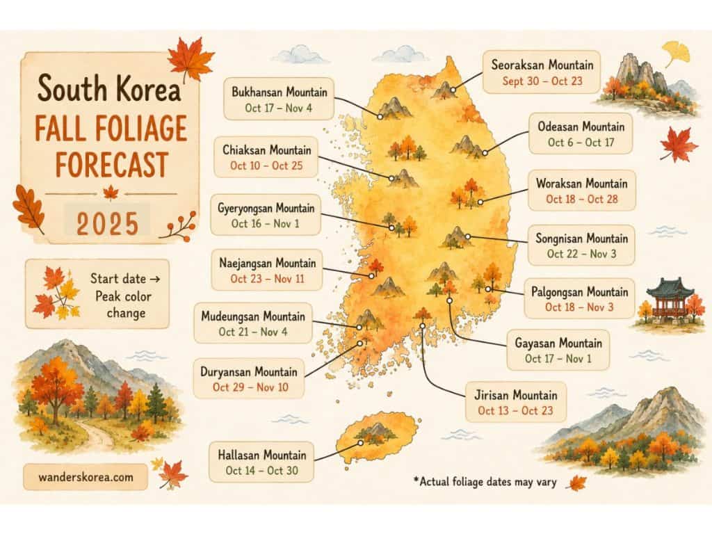 South Korea fall foliage forecast map for 2026 showing estimated autumn leaf peak dates across popular mountain destinations including Seoraksan, Jirisan, Naejangsan, Hallasan, and Bukhansan in a watercolor-style illustrated map.