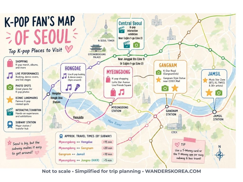 Stylized tourist map of Seoul showing major K-pop attractions including Myeongdong, Hongdae, Gangnam, Jamsil, and HiKR Ground with simplified subway connections and icons.