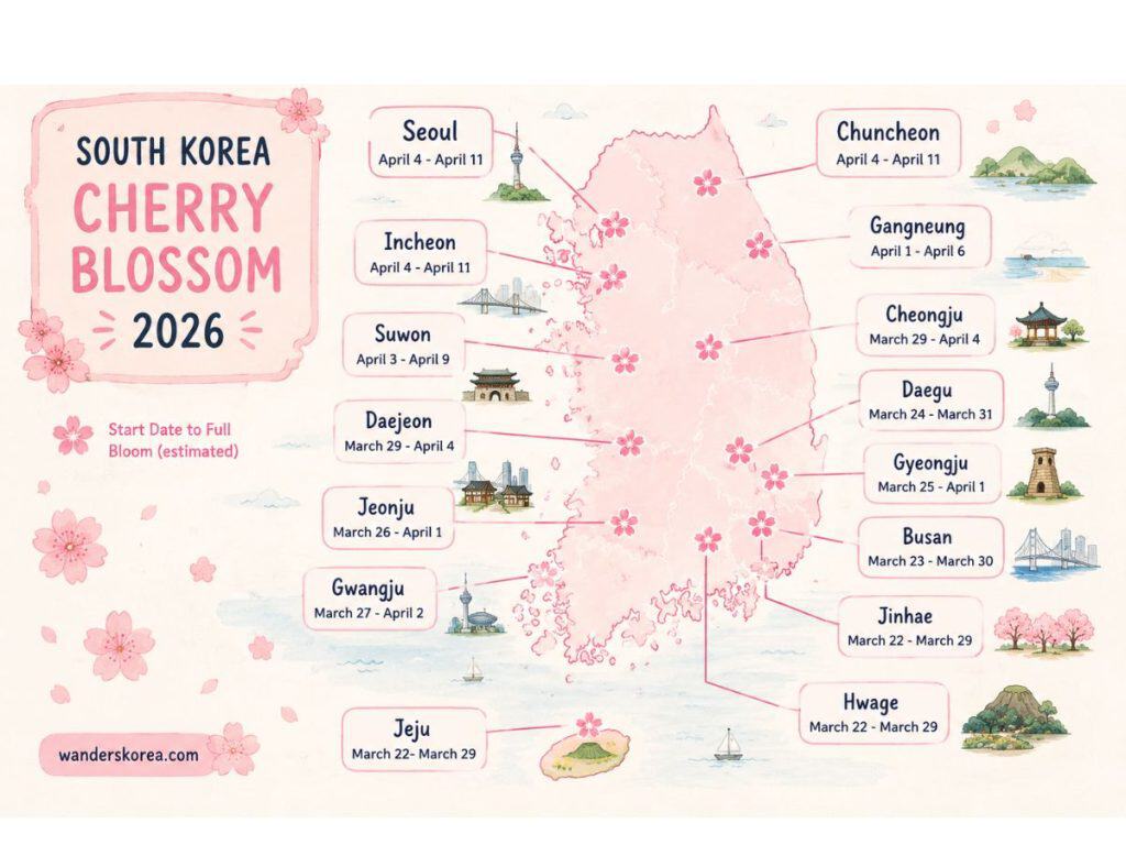 Stylized illustrated map of South Korea showing estimated 2026 cherry blossom bloom dates for major destinations, including Seoul, Busan, Jinhae, Jeju Island, Gyeongju, Gangneung, and Chuncheon.