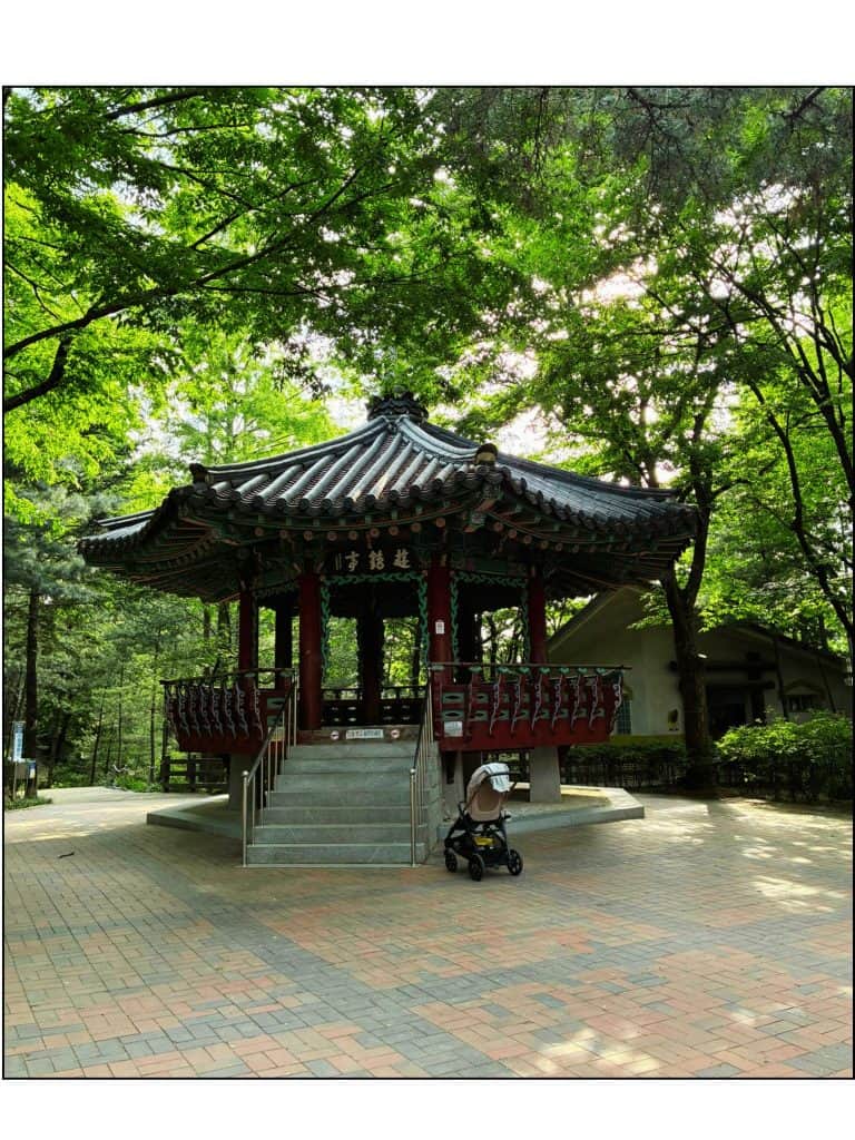 A Brightly colored Traditional Korean pavilion in Hakdong Park, Seoul, surrounded by green trees
