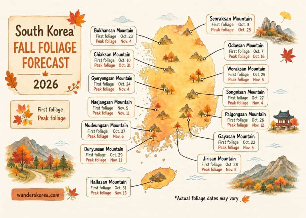 South Korea fall foliage forecast map for 2026 showing estimated autumn leaf peak dates across popular mountain destinations including Seoraksan, Jirisan, Naejangsan, Hallasan, and Bukhansan in a watercolor-style illustrated map.